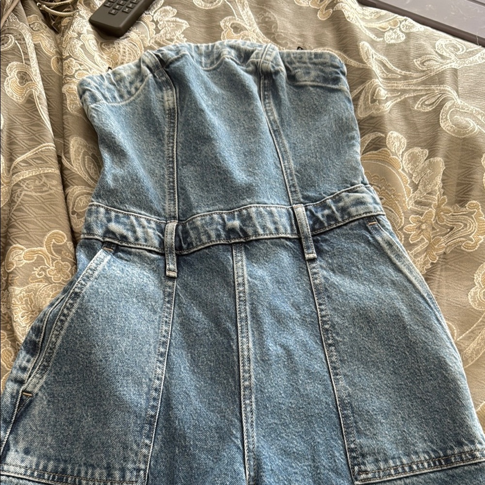Express Blue Denim Jumpsuit Retro-Inspired Fitted Bodice